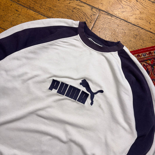 Vintage Puma White Embroidered Sweatshirt - L