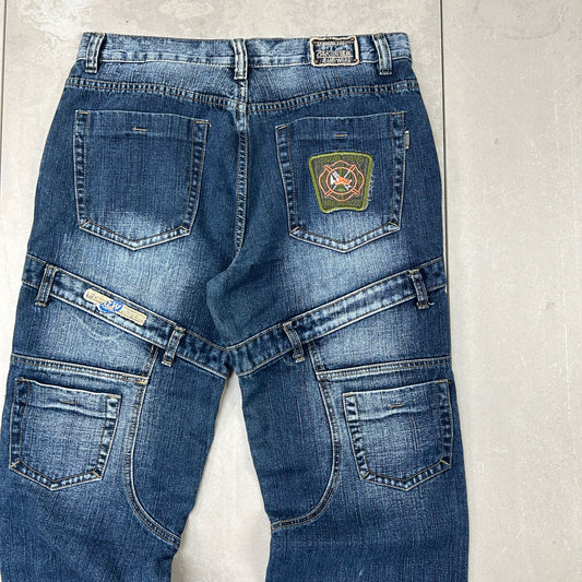 Vintage Embroidered Hip Hop Double Knee Baggy Blue Jeans - 36