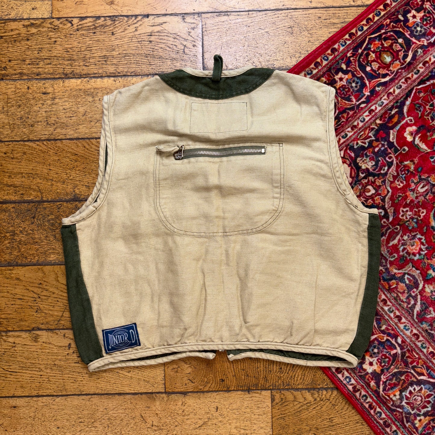 Vintage Juniord Green Cream Cropped Gilet Fishing Vest - XL