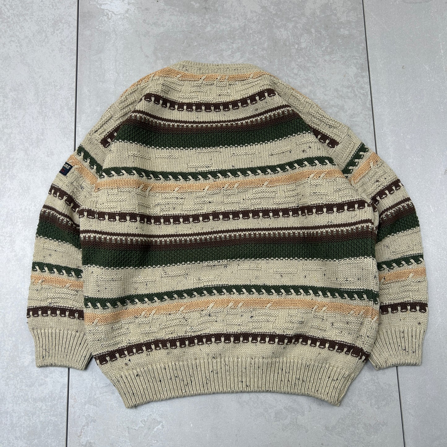 Vintage Chunky Cable Knit Italian Pattern Stripe Brown Jumper - M