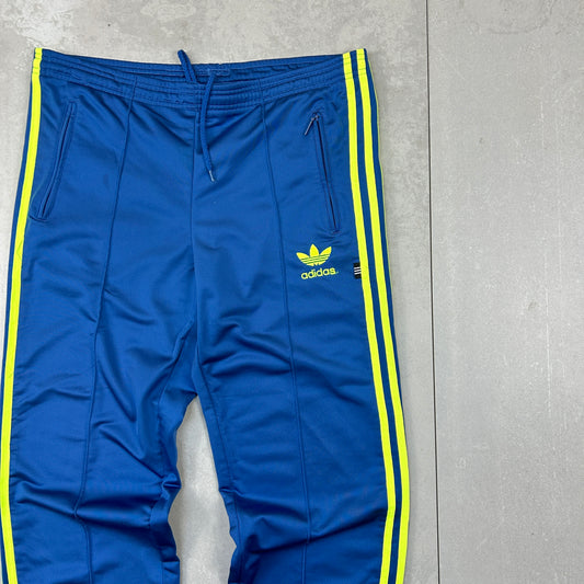 Vintage 90s Adidas Blue Yellow Stripe Baggy Tracksuit Track Pants Bottoms - L/XL
