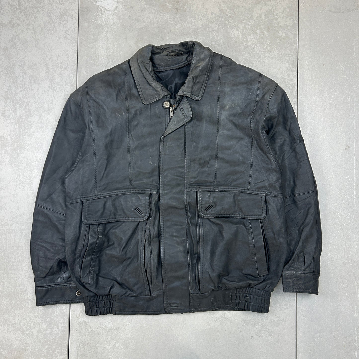 Vintage Aviator Pilot Flight Style Black Leather Bomber Jacket - L