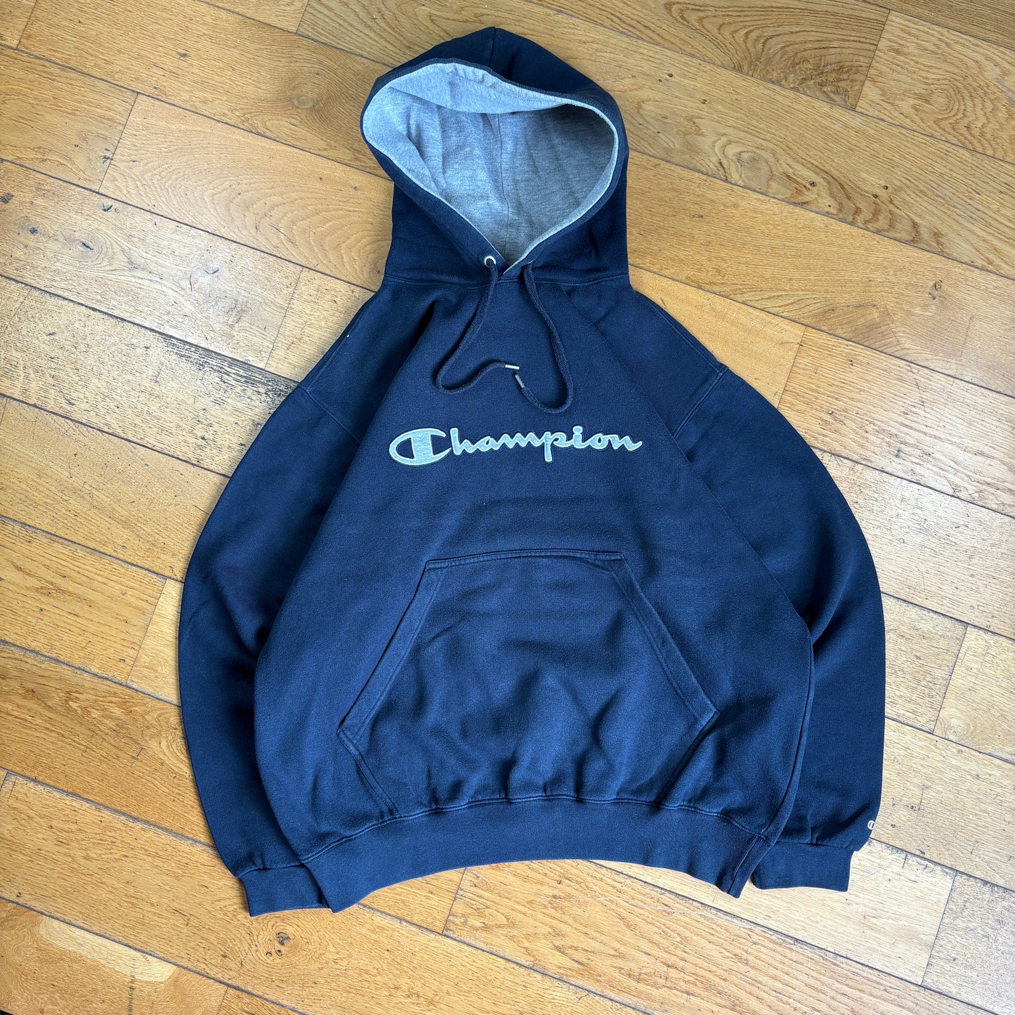 Vintage Champion Navy Boxy Hoodie Embroidered Sweatshirt - L