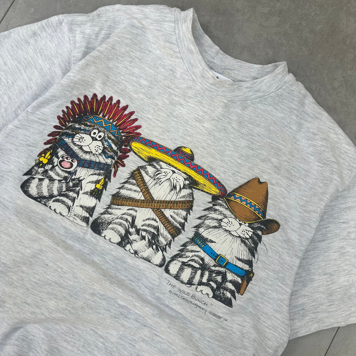 Vintage 1992 Single Stitch Cat Graphic Grey T-shirt - Small