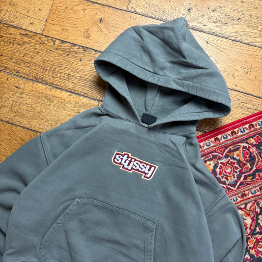 Vintage Stussy Womens Grey Cropped Boxy Embroidered Hoodie Sweatshirt - Size 10