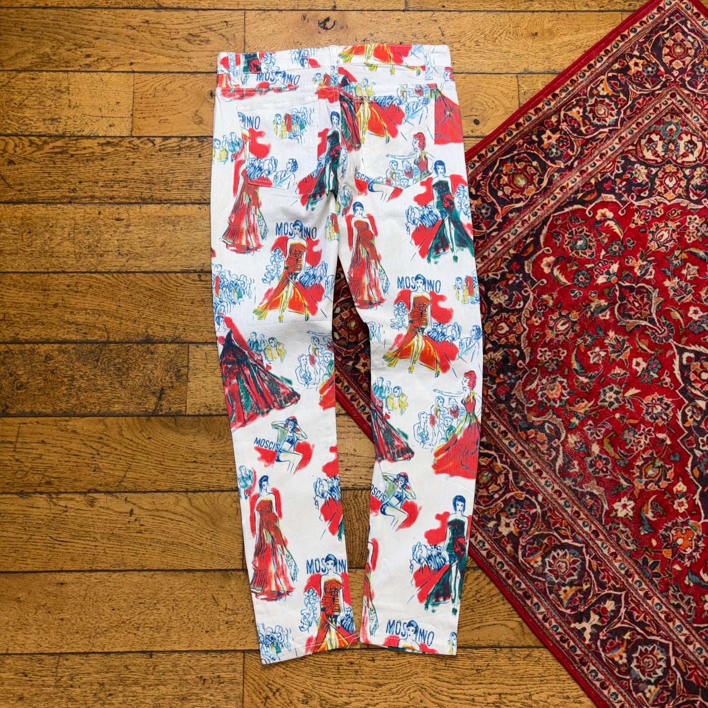 Vintage Graphic All Over Print White Slim Jeans - 34R