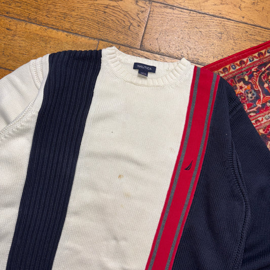 Vintage Nautica Cream Navy Stripe Embroidered Knit Jumper - XL
