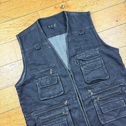 Vintage Black Denim Hunting Fishing Gilet Vest - XL