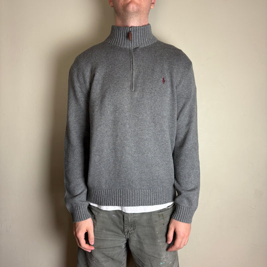Vintage Ralph Lauren Grey Quarter Zip Chunky Knit Jumper - L