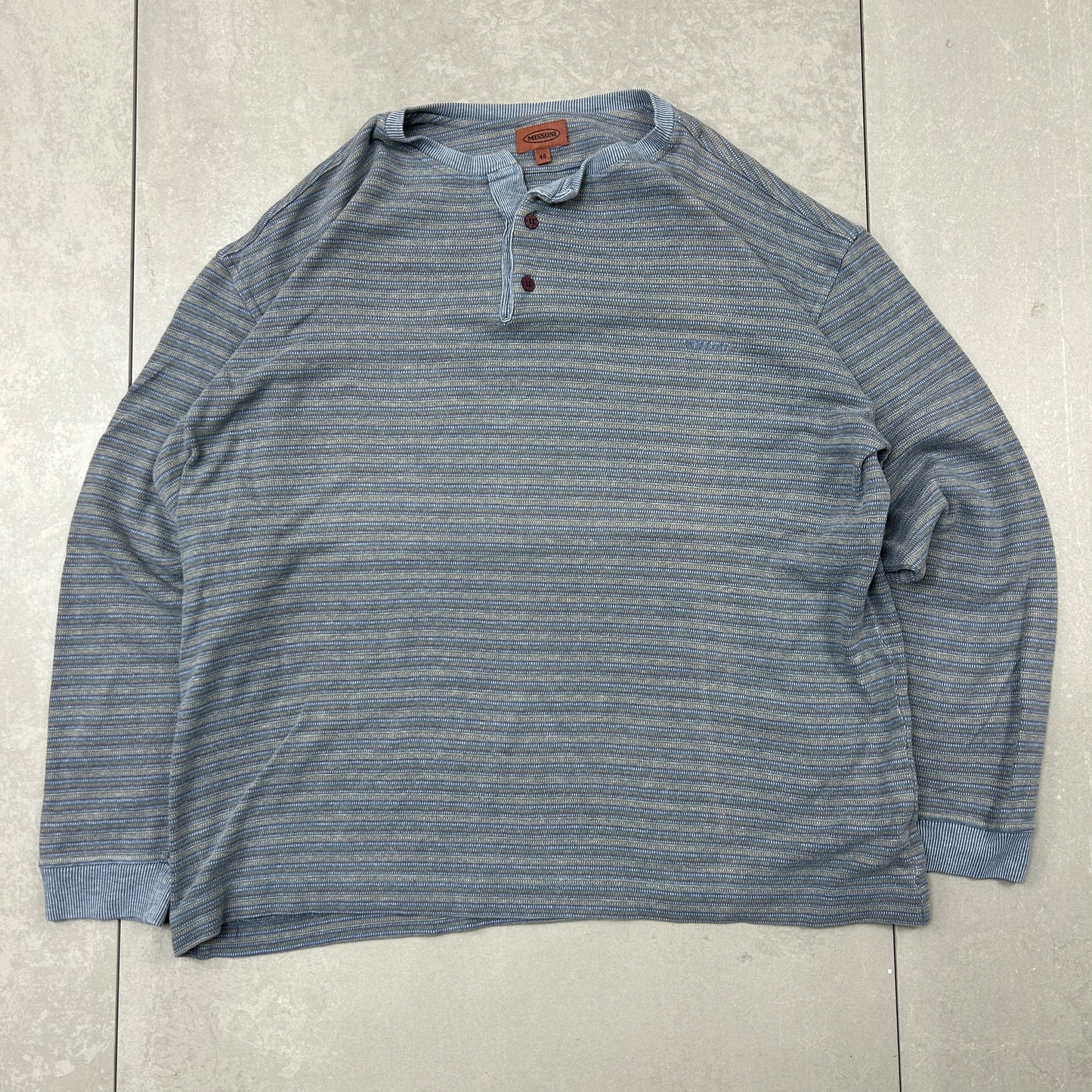 Vintage Missoni Italian Stripe Long Sleeve Blue Henley Boxy T-Shirt - XL