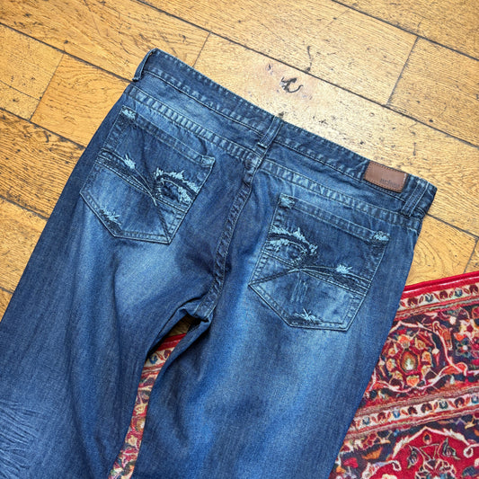 Vintage Urban Blue Bootcut Embroidered Y2K Hip Hop Baggy Jeans - 38L