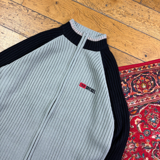Vintage Diesel Embroidered Grey Zip Chunky Knit Jumper - L