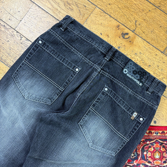 Vintage Southpole Black Embroidered Y2K Hip Hop Baggy Jeans - 36