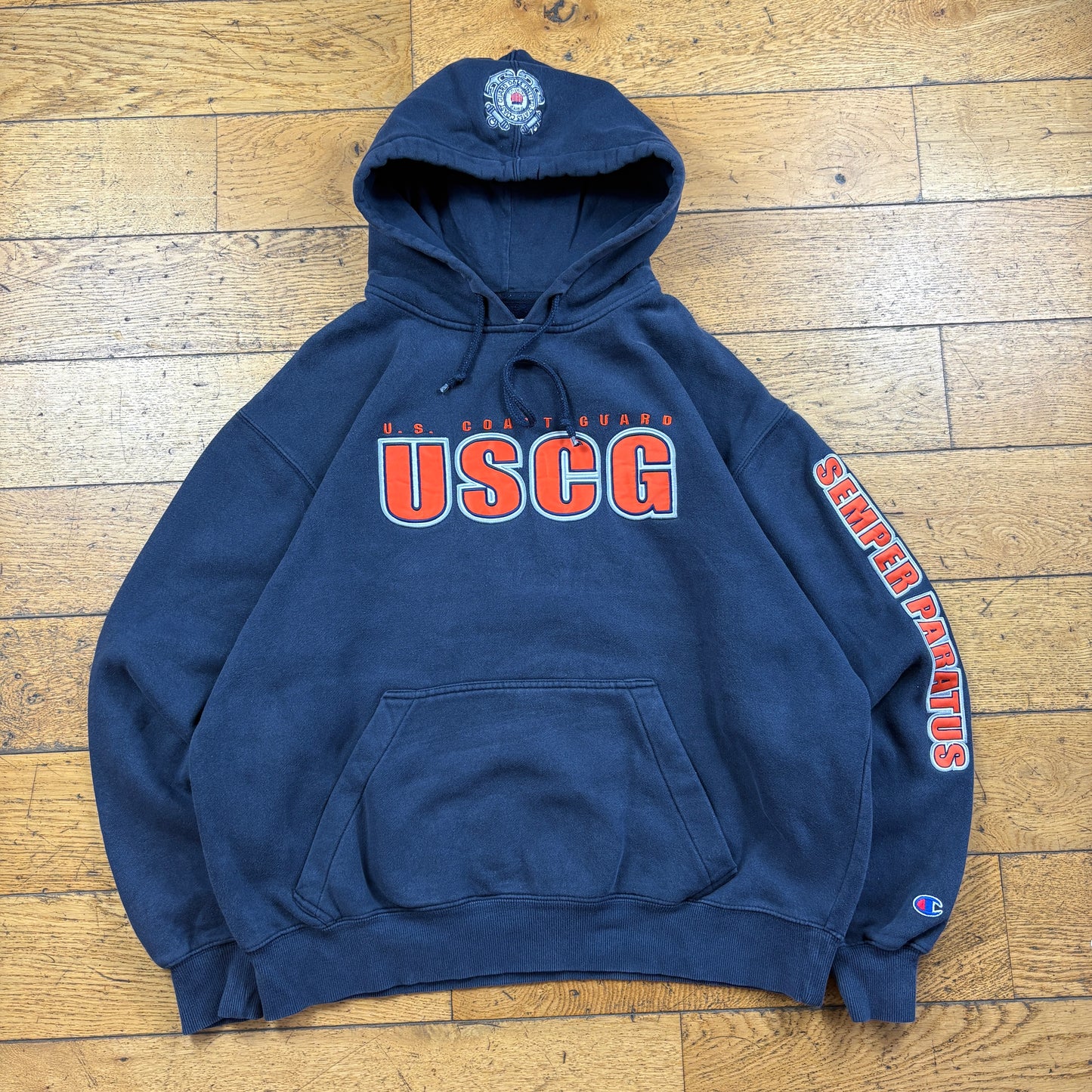 Vintage Champion US Coast Guard Navy Embroidered Hoodie Sweatshirt - L