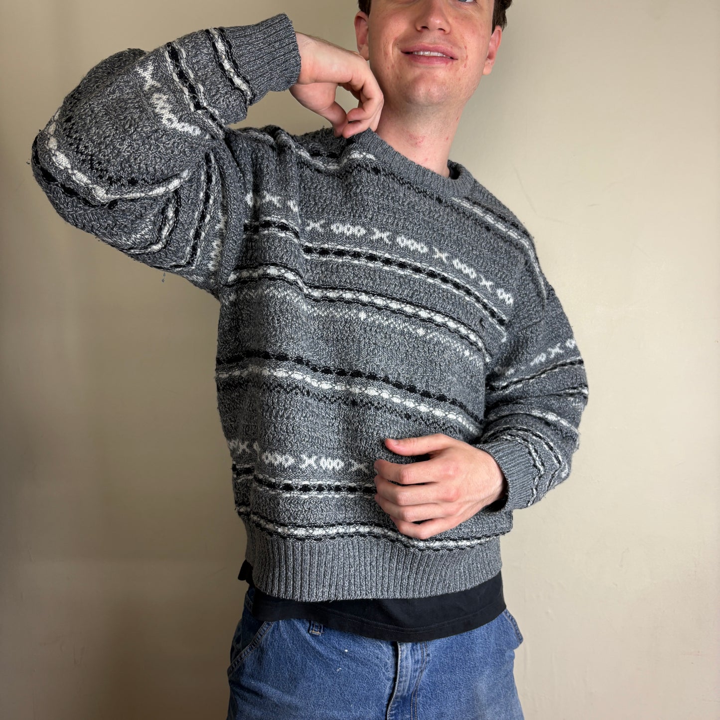 Vintage Burberry Grey Wool Pattern Boxy Chunky Knit Jumper - L