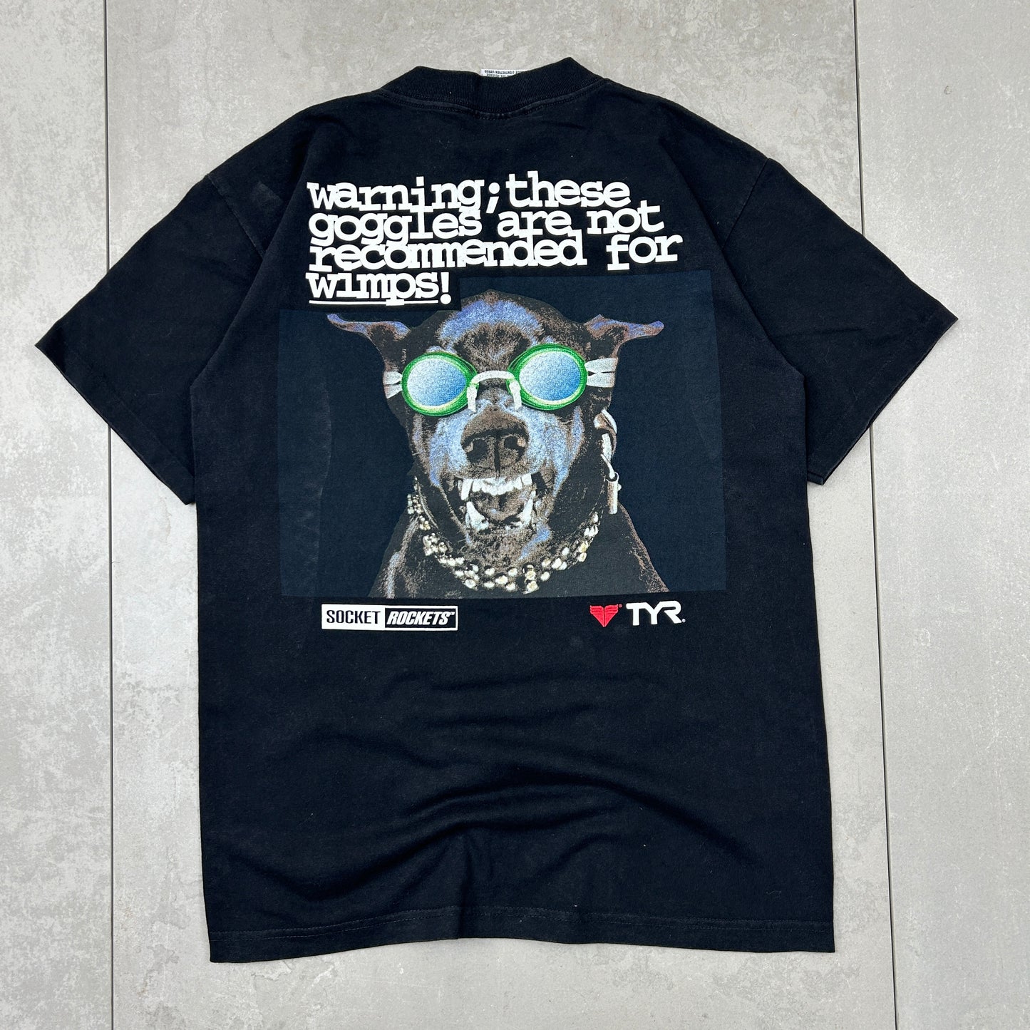 Vintage 90s TYR Single Stitch Graphic Funny Dog Black T-Shirt - S