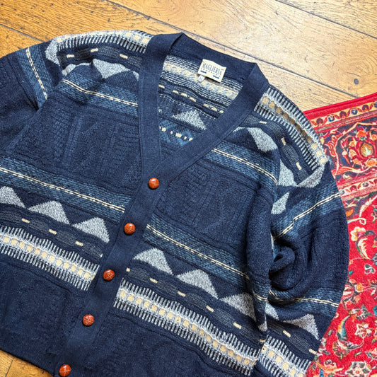 Vintage Navy Pattern Wool Chunky Knit Cardigan Jumper - XL