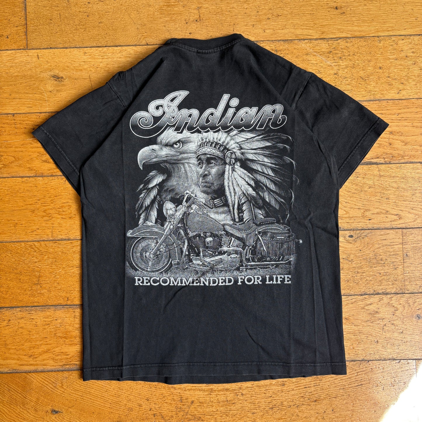 Vintage 90s Indian Motorbike Single Stitch Black Graphic T-Shirt - S