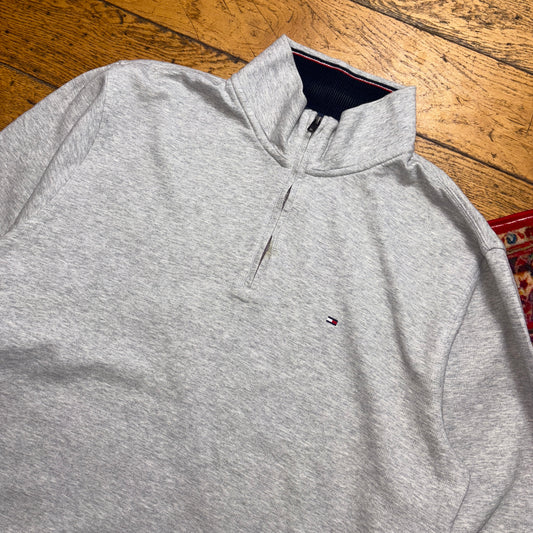 Vintage Tommy Hilfiger Grey Quarter Zip Embroidered Sweatshirt - XL