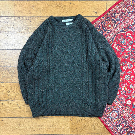 Vintage Green Wool Chunky Cable Knit Jumper - L