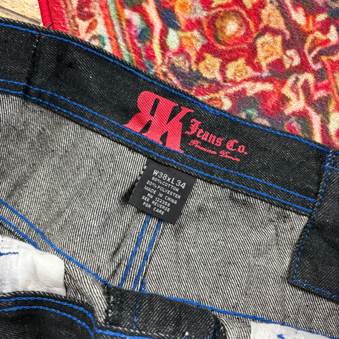 Vintage Black Contrast Stitch Embroidered Y2K Hip Hop Baggy Jeans - 38