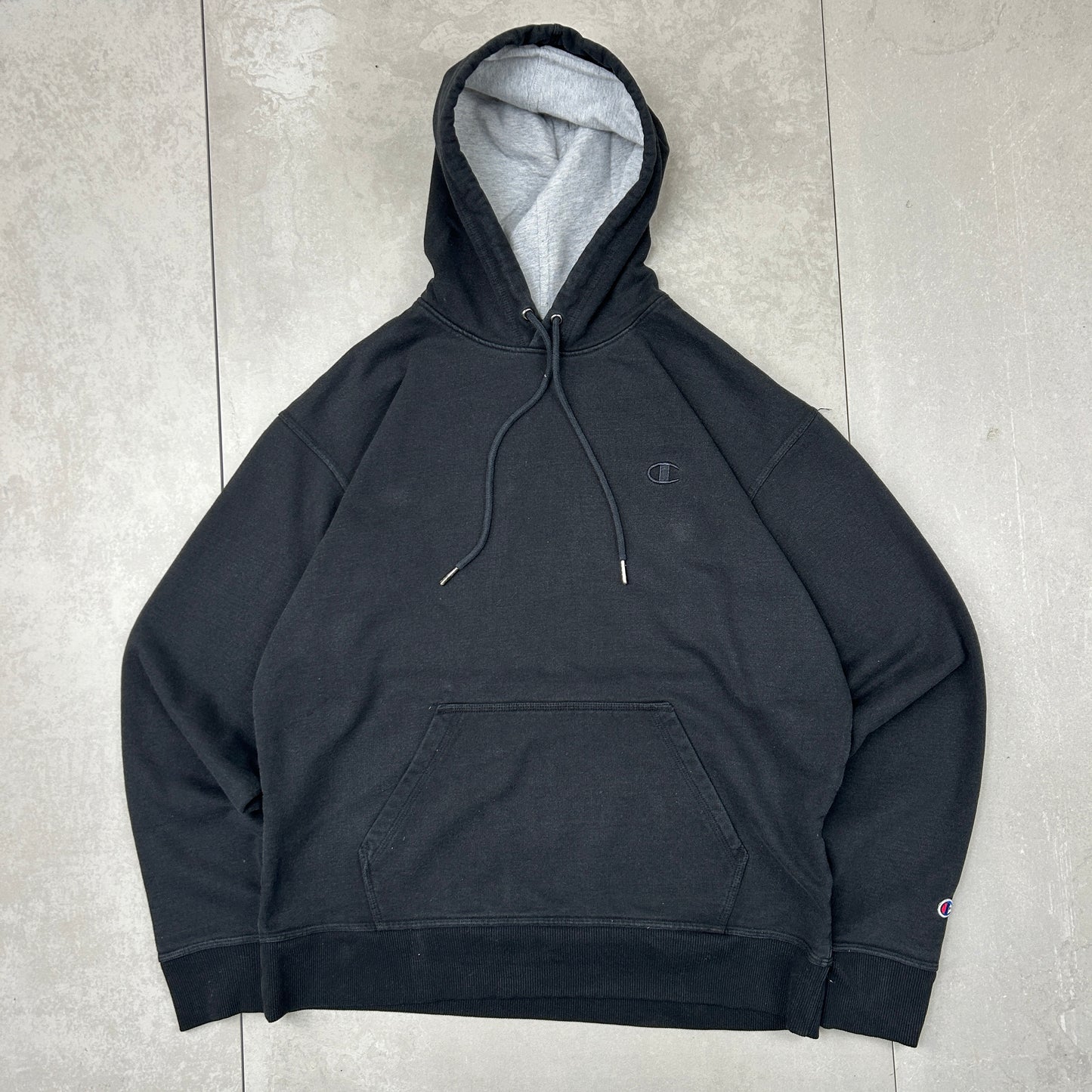 Vintage Champion Embroidered Boxy Black Hoodie Sweatshirt - L