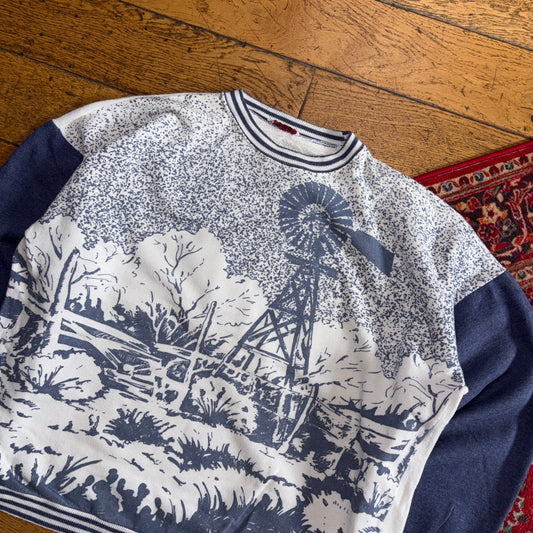 Vintage 90s Blue White Boxy Graphic Sweatshirt - XL