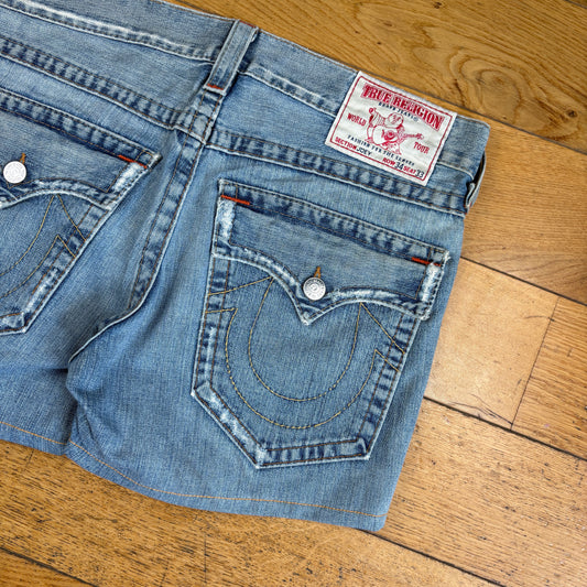 Vintage True Religion Womens Blue Mini Embroidered Y2K Shorts Jorts - Size 18