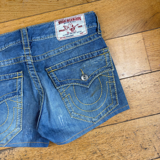 Vintage True Religion Womens Blue Micro Embroidered Y2K Shorts Jorts - Size 14