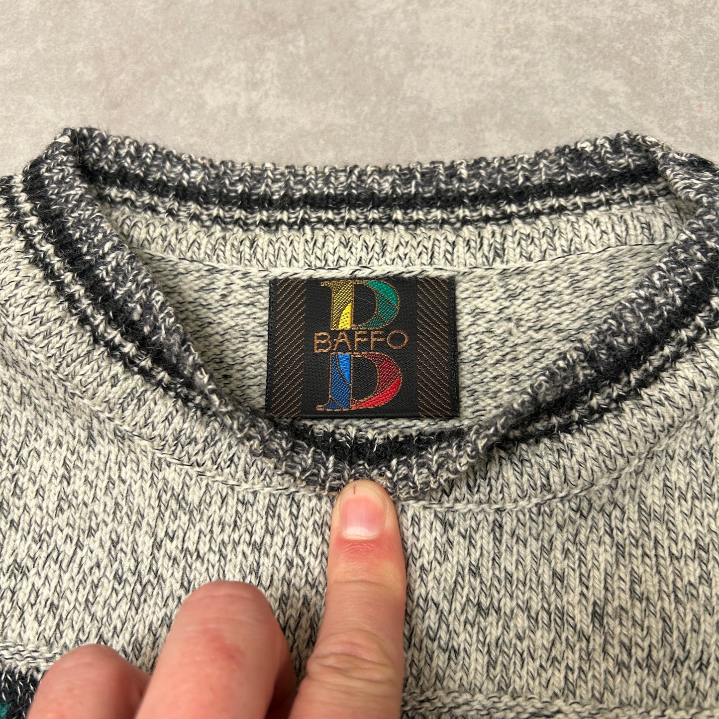 Vintage Italian Grey Blue Pattern Wool Chunky Knit Jumper - L