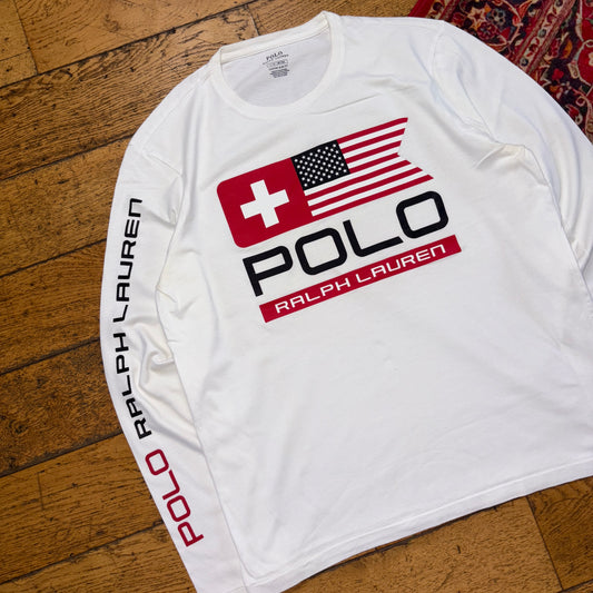 Vintage Ralph Lauren USA Flag White Long Sleeve Graphic T-Shirt - S