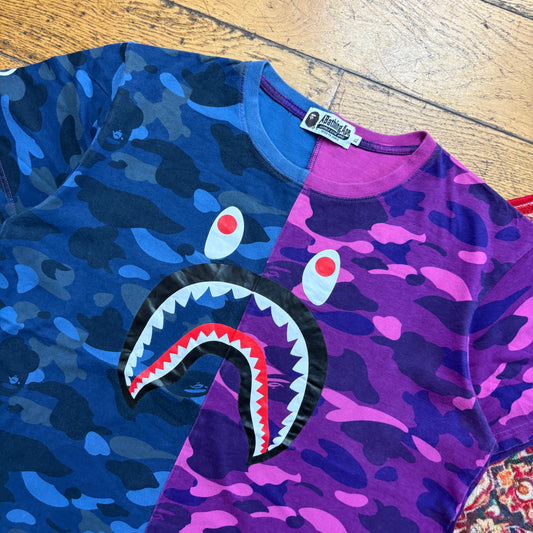 Vintage Bape Bathing Ape Purple Blue Camo Shark Graphic T-Shirt - L