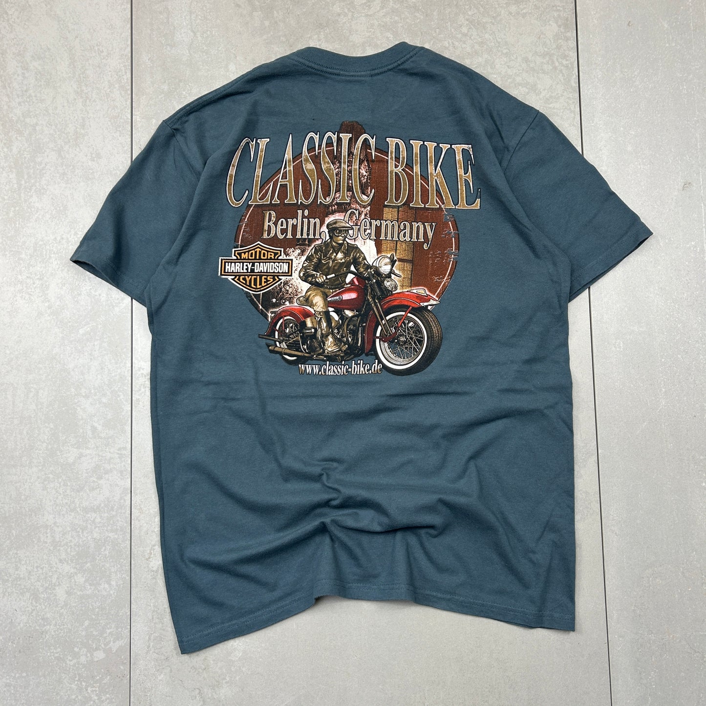 Vintage Harley Davidson Blue Motorbike Graphic T-Shirt - M