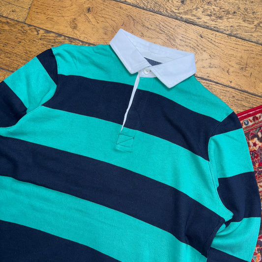 Vintage Cotton Traders Green Navy Stripe Rugby Polo Shirt - M