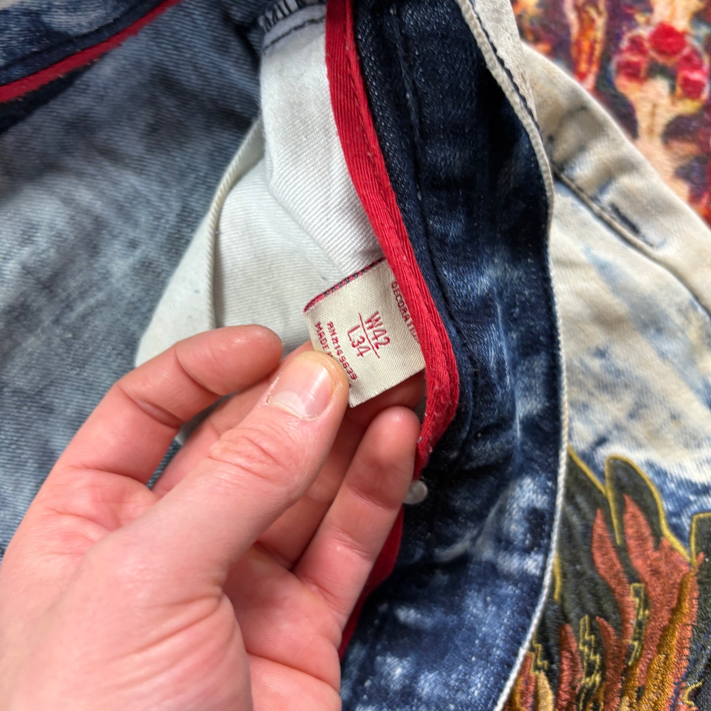 Vintage Blue Acid Bleach Wash Embroidered Y2K Hip Hop Skinny Jeans - 42