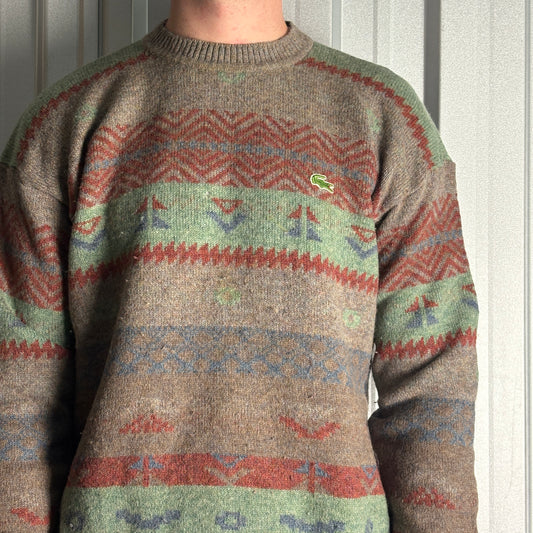 Vintage Chemise Lacoste 90s Green Grey Pattern Wool Chunky Knit Jumper - M