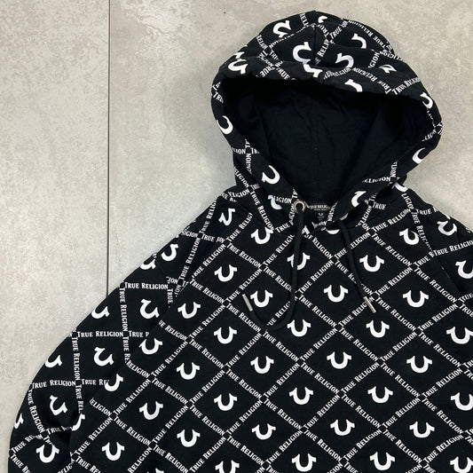 Vintage 00s True Religion All Over Print Black Hoodie Sweatshirt - 3XL