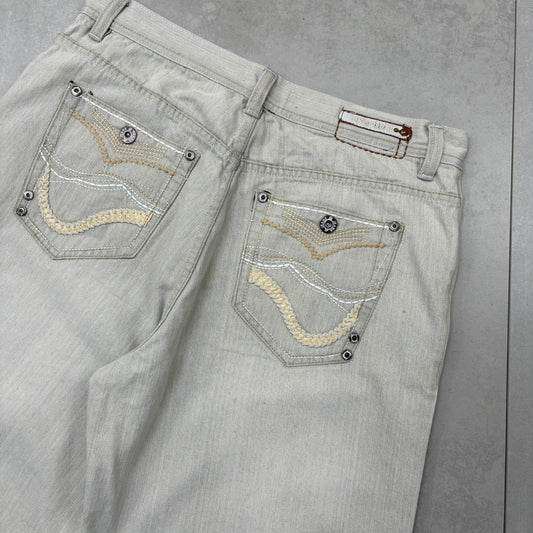 Vintage Embroidered Cream Hip Hop Baggy Shorts Jorts - 36