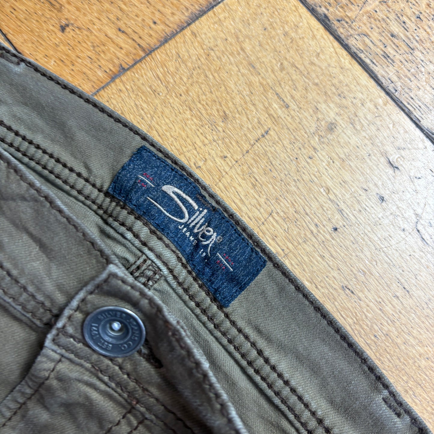Vintage Silver Jeans Co Embroidered Green Khaki Hip Hop Straight Jeans - 35