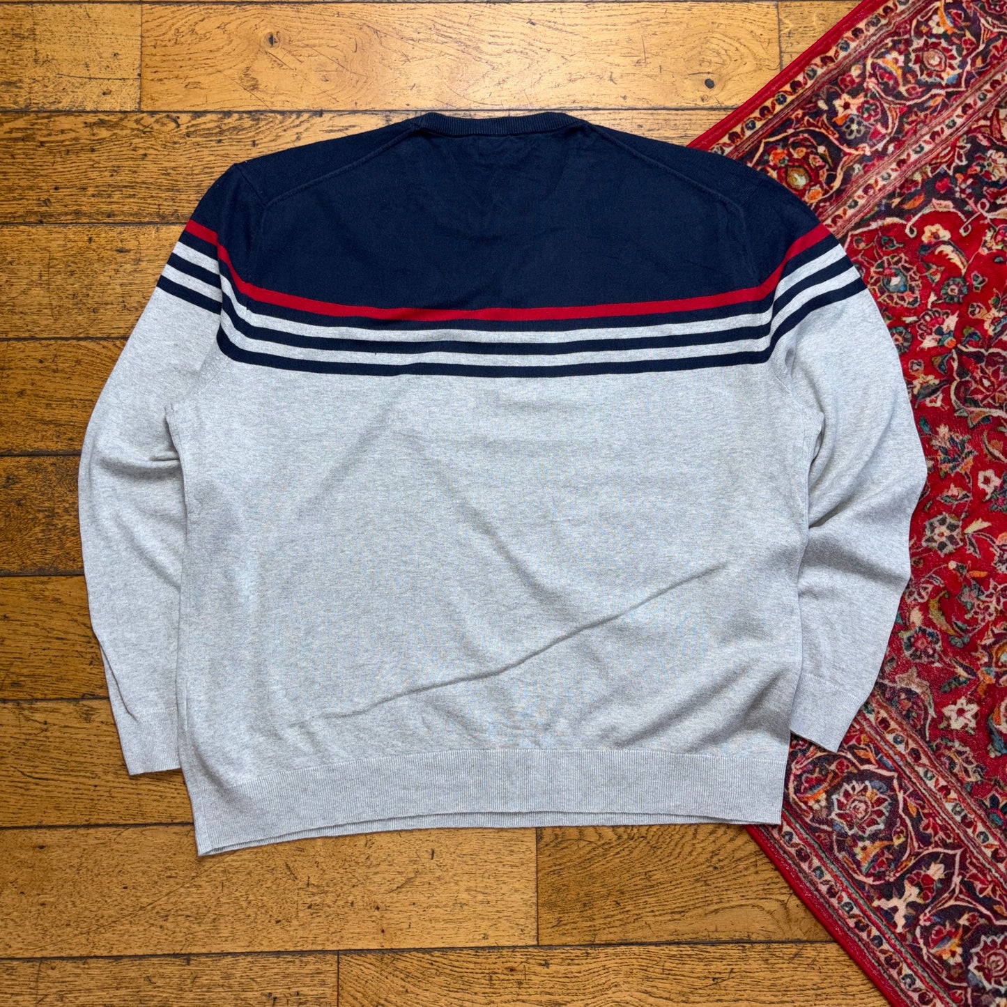 Vintage Nautica Grey Navy Stripe Embroidered Knit Jumper - 2XL