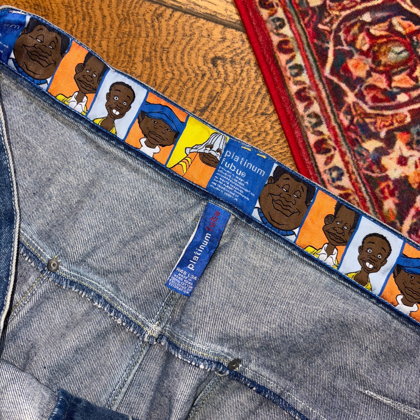 Vintage Platinum Fubu Blue Embroidered Y2K Hip Hop Baggy Jeans - 48L