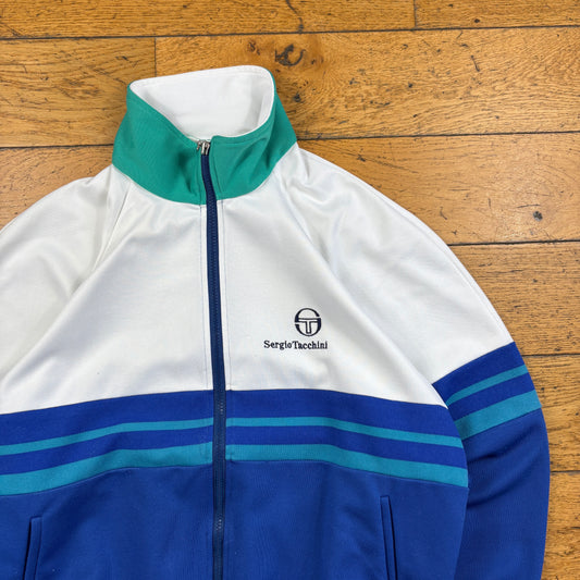 Vintage Sergio Tacchini White Blue Tracksuit Track Shell Windbreaker Jacket - M