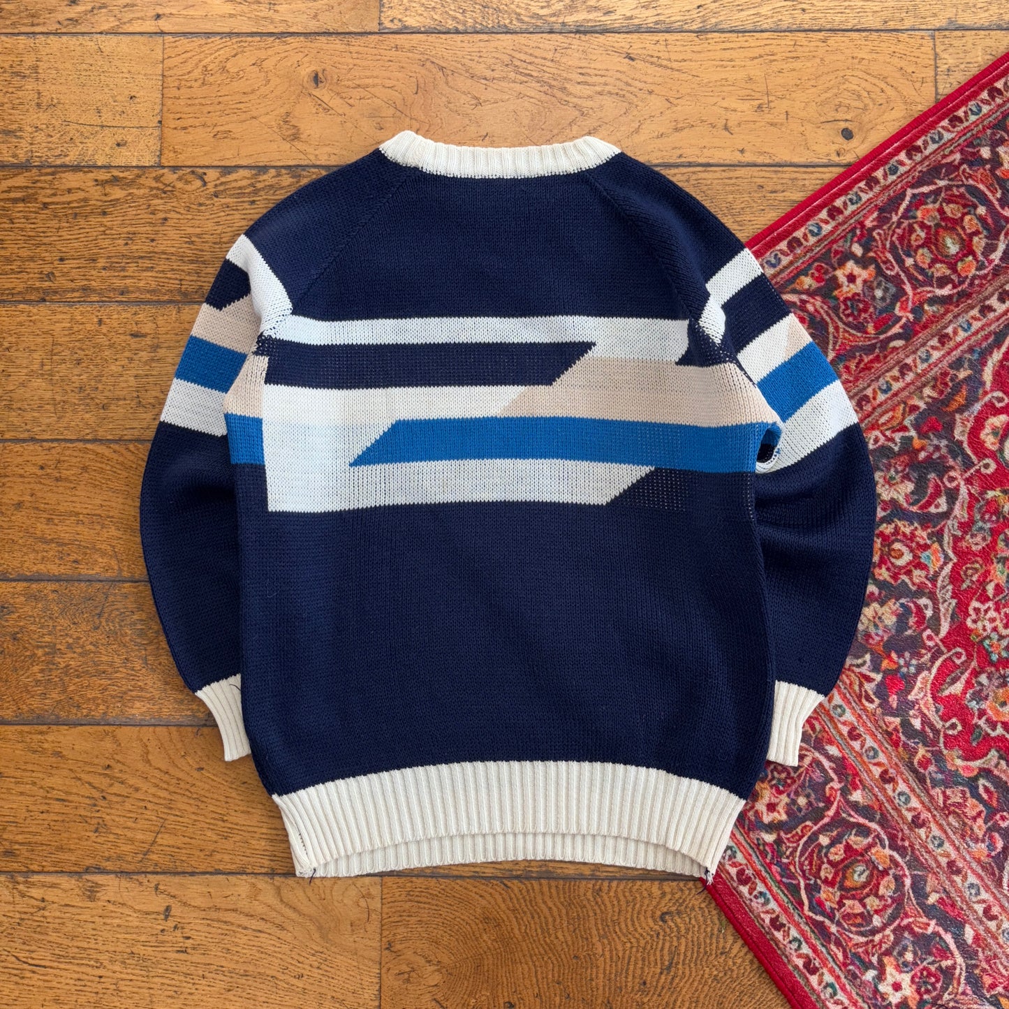 Vintage Navy Pattern Chunky Knit Jumper - XS