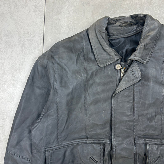 Vintage Aviator Pilot Flight Style Black Leather Bomber Jacket - L