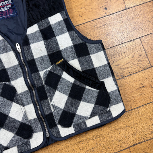 Vintage Progress Black Check Plaid Flannel Gilet Vest - M/L