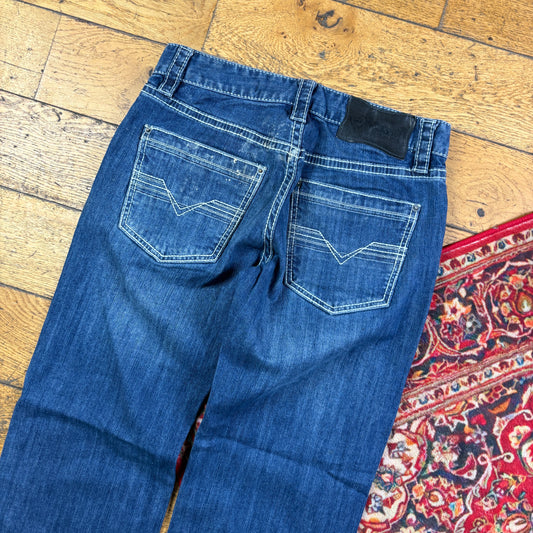 Vintage Rock and Roll Blue Embroidered Y2K Hip Hop Baggy Jeans - 32