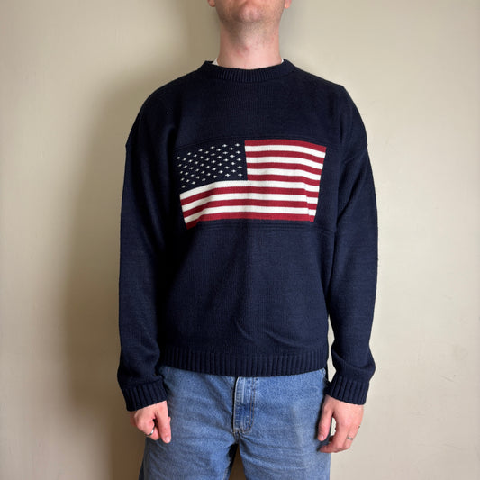 Vintage Faded Glory USA Flag Navy Chunky Knit Jumper - L