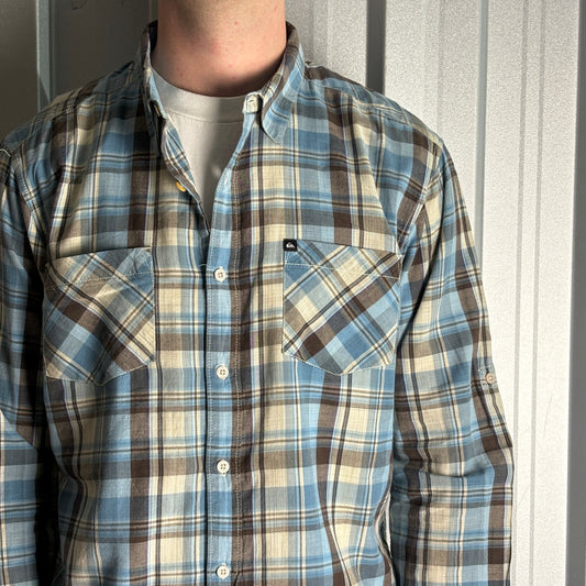 Vintage Quiksilver Blue Check Plaid Surfwear Embroidered Shirt - L