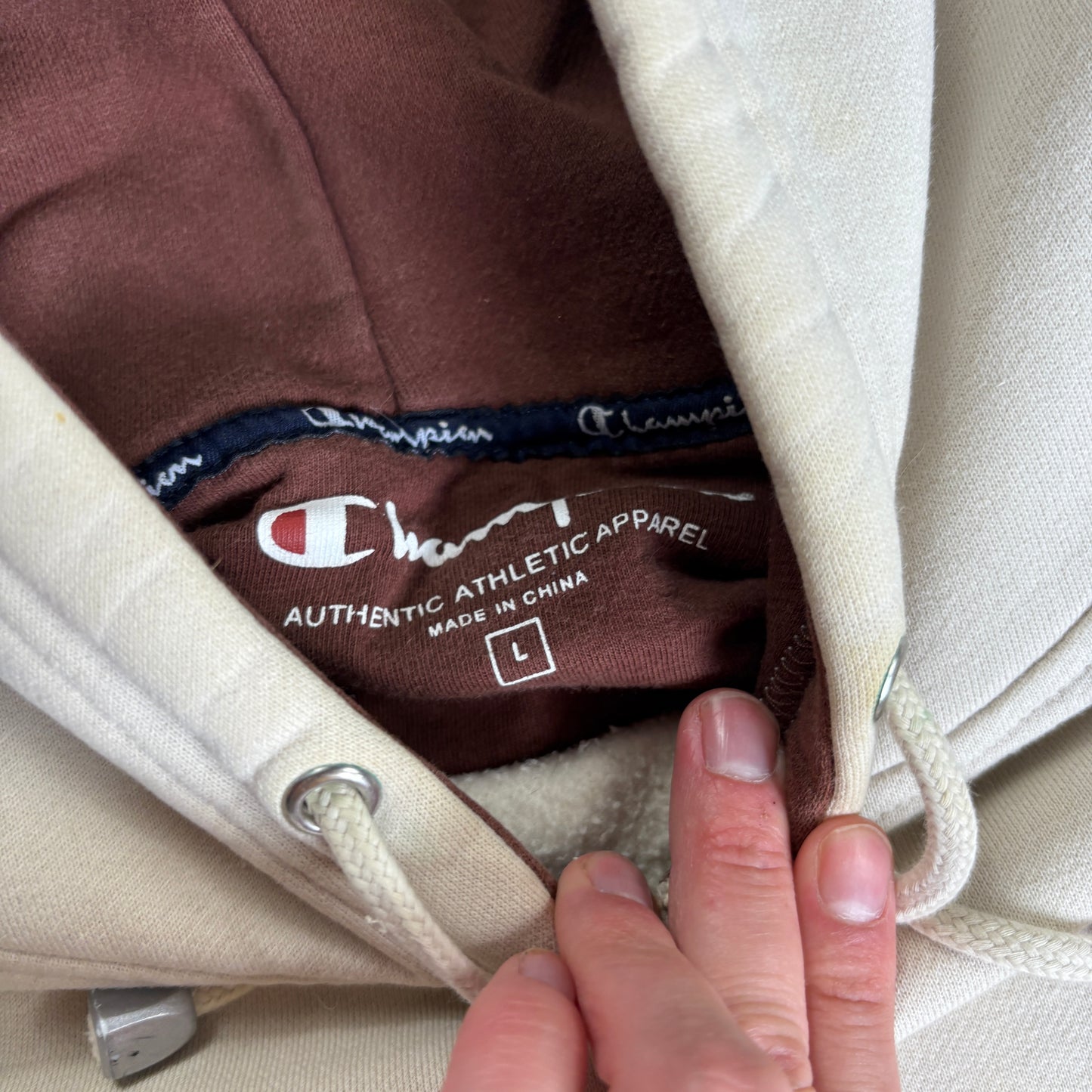 Vintage Champion Boxy Heavyweight Cream Hoodie Embroidered Sweatshirt - L