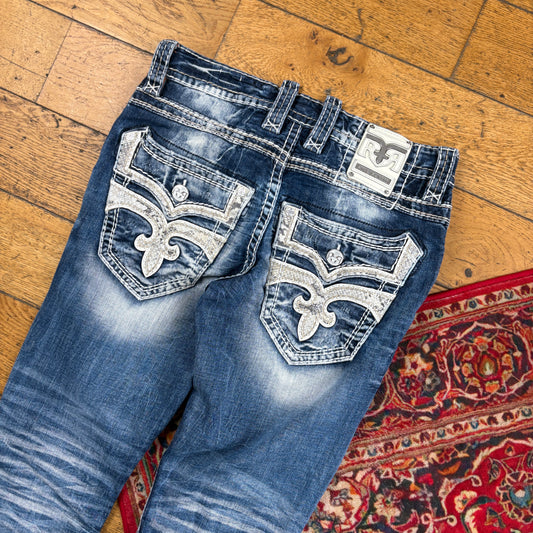 Vintage Rock Revival Blue Embroidered Y2K Hip Hop Slim Straight Jeans - 34